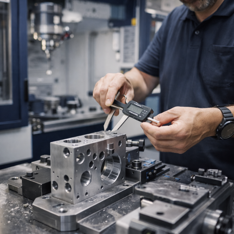 KMZ-Mitarbeiter prüft ein gefrästes Metallbauteil mit Messschieber – Metallbearbeitung mit Tradition